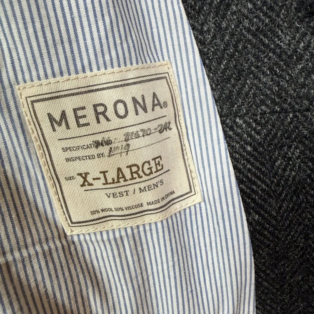 Merona Suit Vest Mens XL Gray Herringbone Wool Blend Adjustable Back Cinch Strap